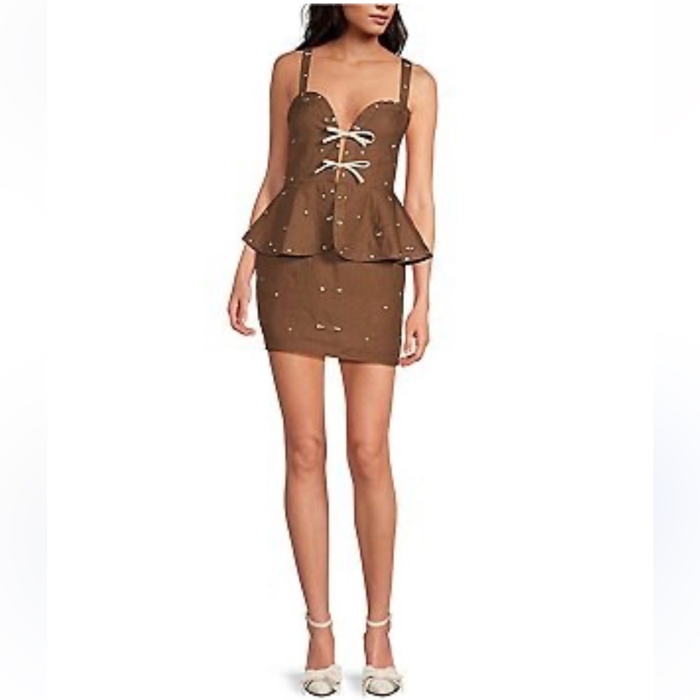 Fanm Mon Helaina Peplum Hem   Embroidered Bow Front Sweetheart Mini Dress NEW